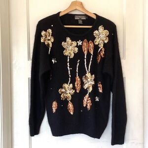 Vintage Wool Angora Silk Sequin Sweater Women's L Black Floral Gold Silver Soft